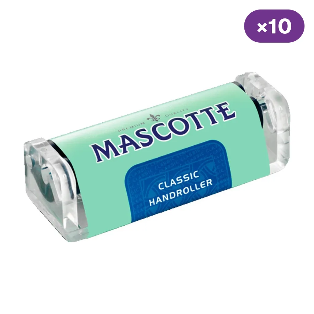 Máquina de liar Mascotte con extremos transparentes y banda verde menta rotulada Classic Handroller; distintivo de diez unidades.