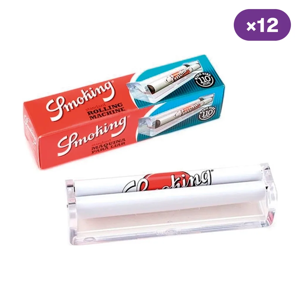 Máquina de liar Smoking transparente con rodillos blancos, junto a su caja roja y turquesa con indicación de 110 mm y distintivo de 12 unidades.