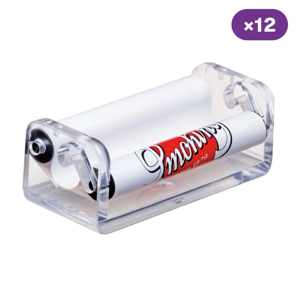 Máquina de liar Smoking con estructura transparente y rodillo blanco con logotipo rojo, vista en perspectiva y distintivo ×12.