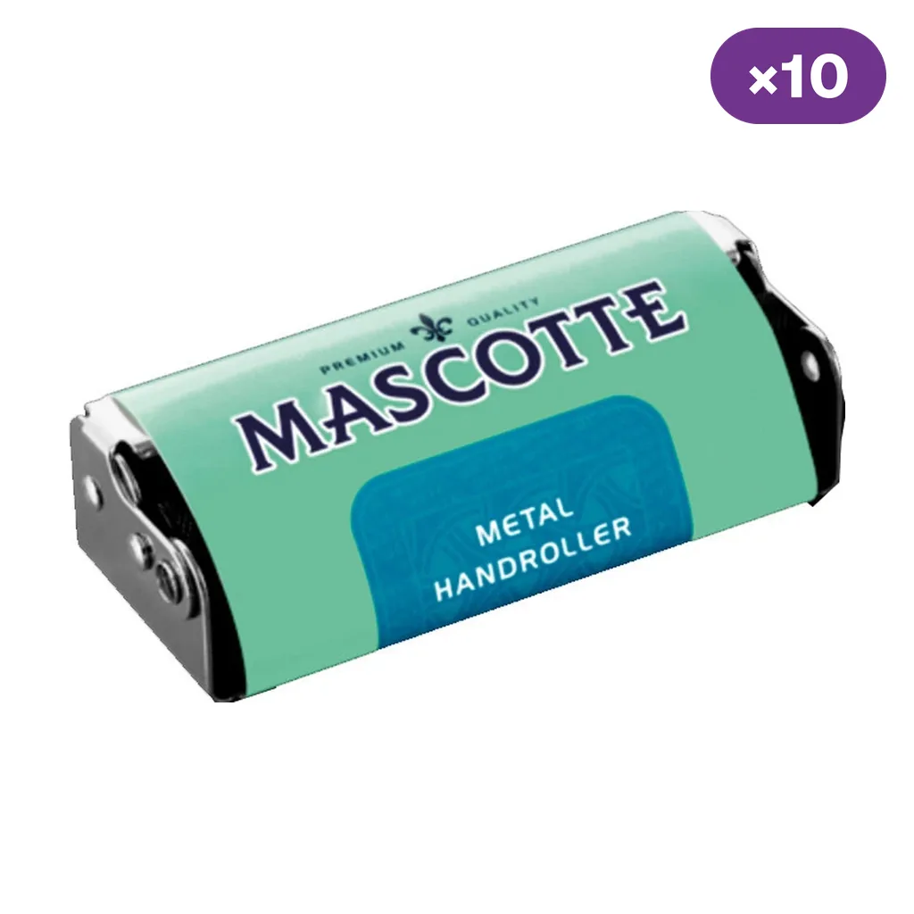 Máquina de liar Mascotte en perspectiva, con cubierta verde menta, texto «Metal Handroller» y laterales metálicos, junto al distintivo «×10».