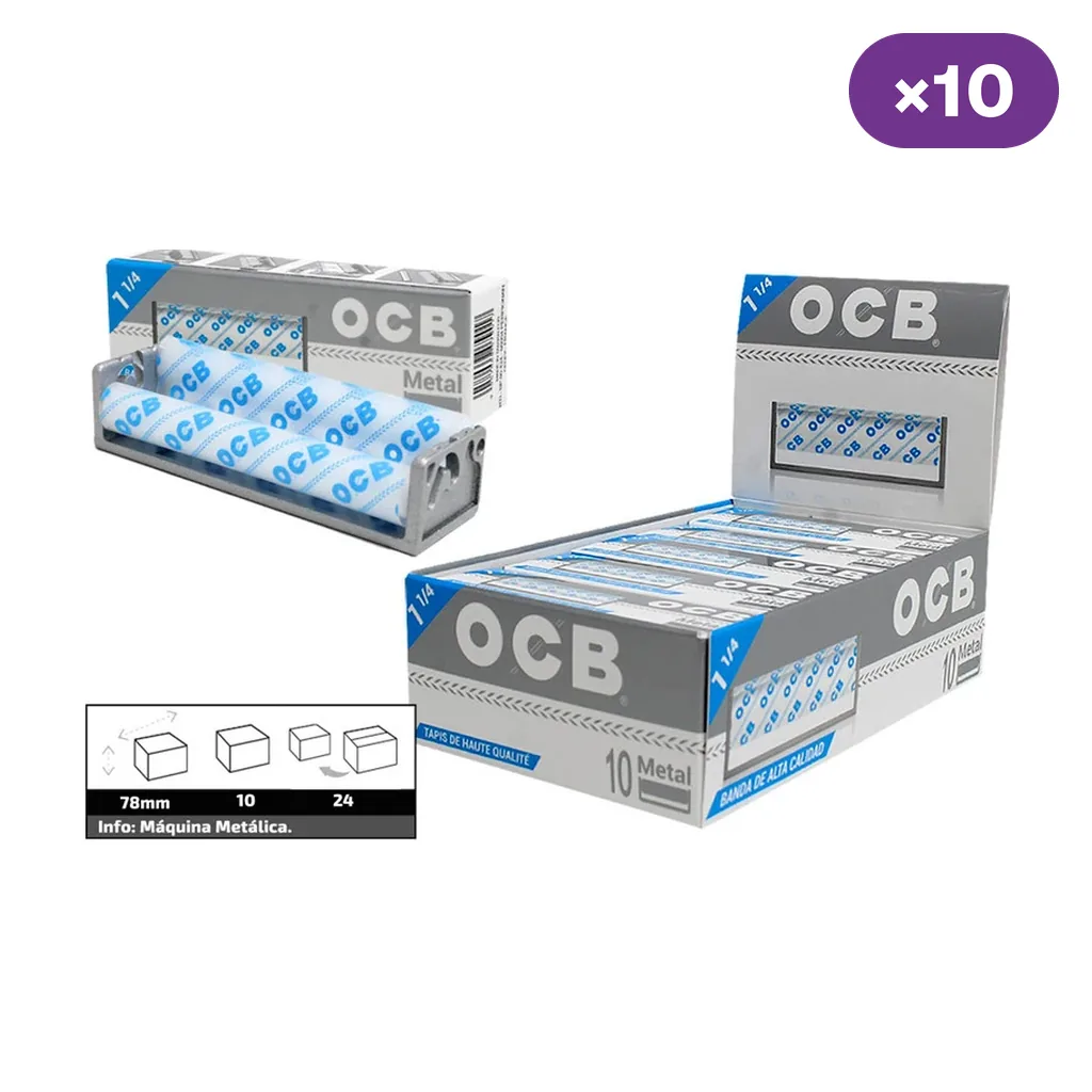 Máquina de liar OCB metálica con rodillo blanco y azul, junto a una caja expositora con varias unidades y un distintivo por diez.