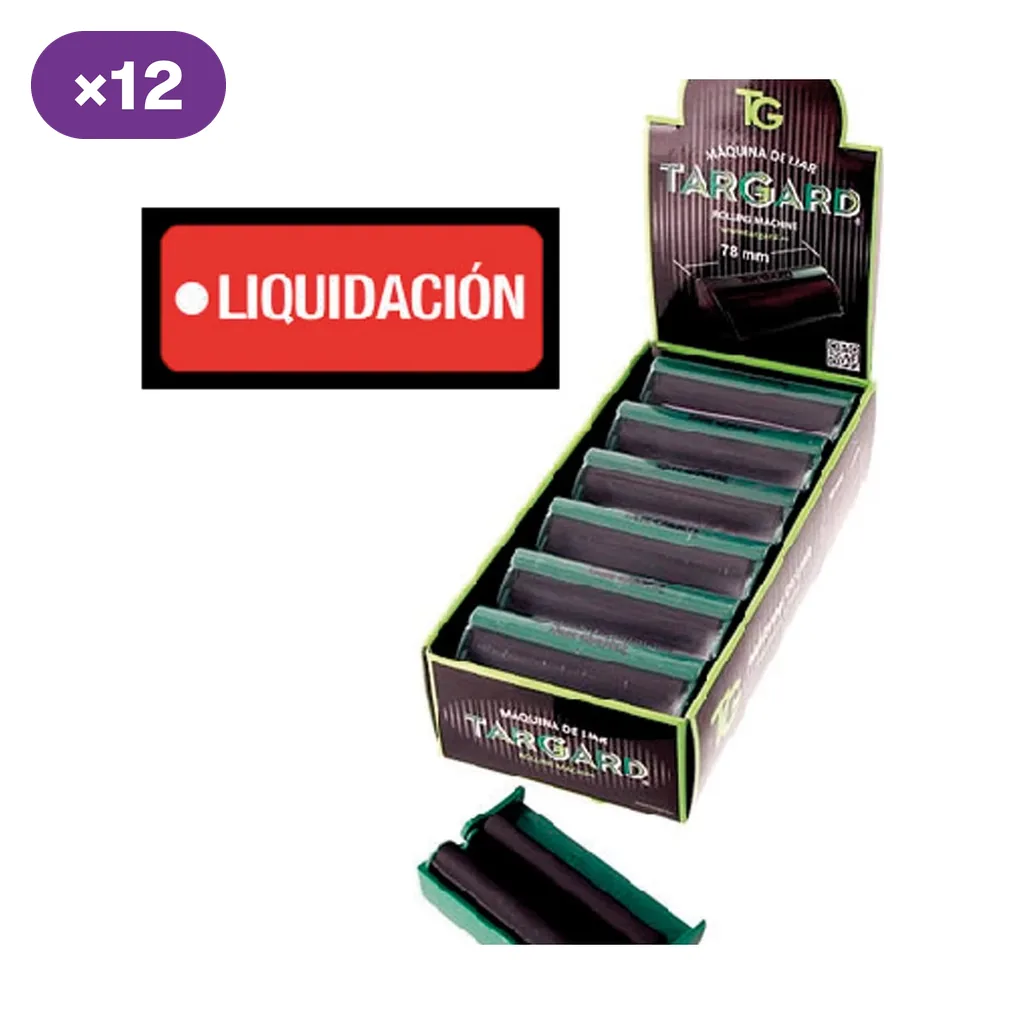 Expositor Targard con máquinas de liar verdes y negras y una unidad delante; aparecen los rótulos «×12» y «Liquidación». Expositor Targard con máquinas de liar verdes y negras y una unidad delante; aparecen los rótulos «×12» y «Liquidación».