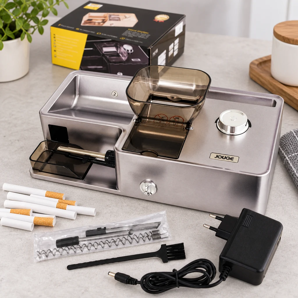 Máquina eléctrica para rellenar tubos, con cuerpo plateado, tolva oscura y dial, junto a tubos, cepillo, recambios y adaptador. Máquina eléctrica para rellenar tubos, con cuerpo plateado, tolva oscura y dial, junto a tubos, cepillo, recambios y adaptador.