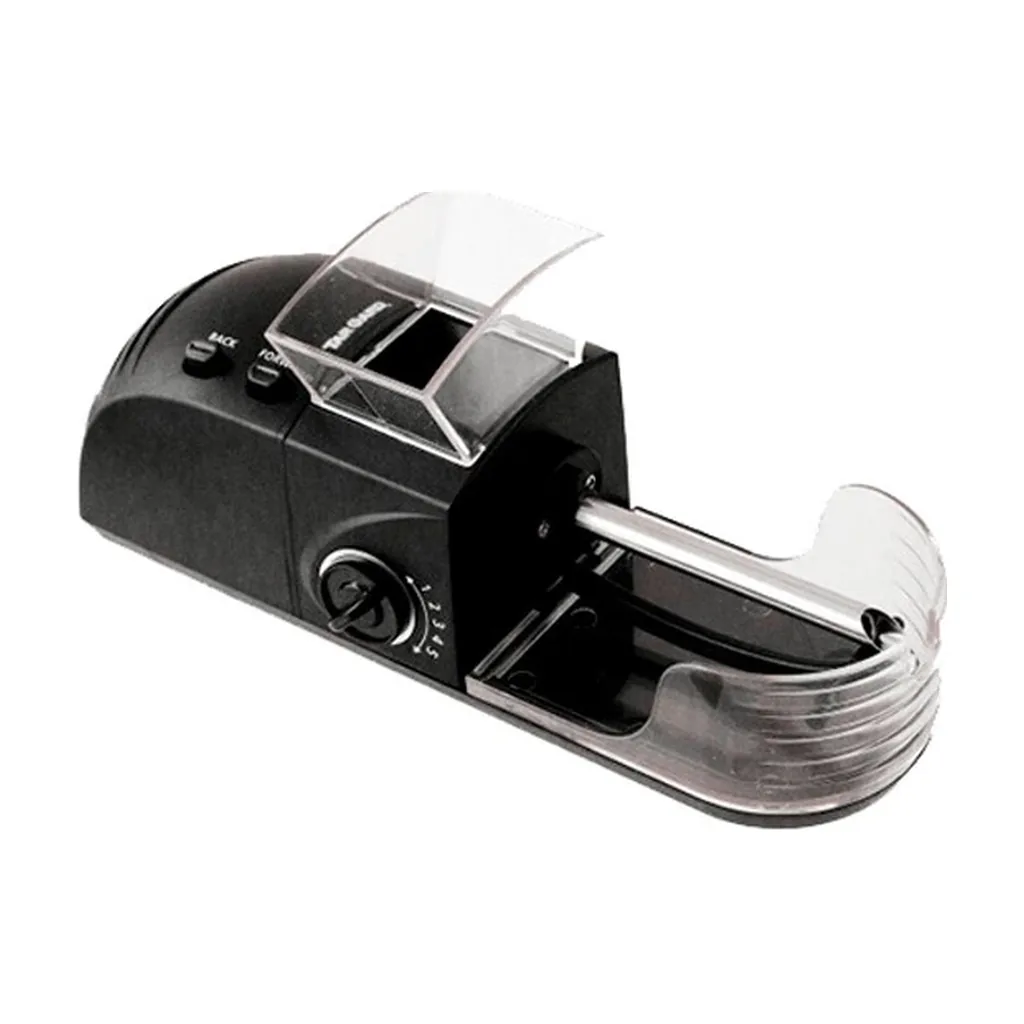 Máquina entubadora eléctrica Champ Classic negra, vista en diagonal, con tolva transparente, dial lateral y bandeja con borde transparente. Máquina entubadora eléctrica Champ Classic negra, vista en diagonal, con tolva transparente, dial lateral y bandeja con borde transparente.