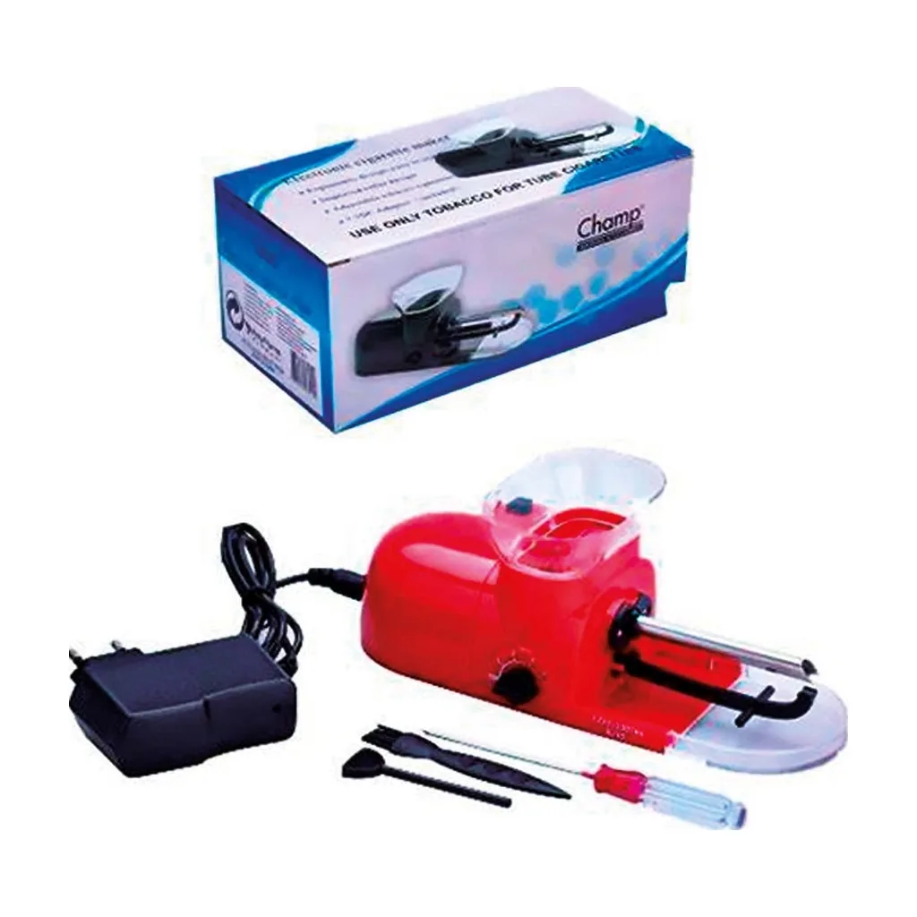 Entubadora eléctrica Champ Classic roja con tolva transparente, adaptador de corriente, accesorios y caja sobre fondo blanco. Entubadora eléctrica Champ Classic roja con tolva transparente, adaptador de corriente, accesorios y caja sobre fondo blanco.