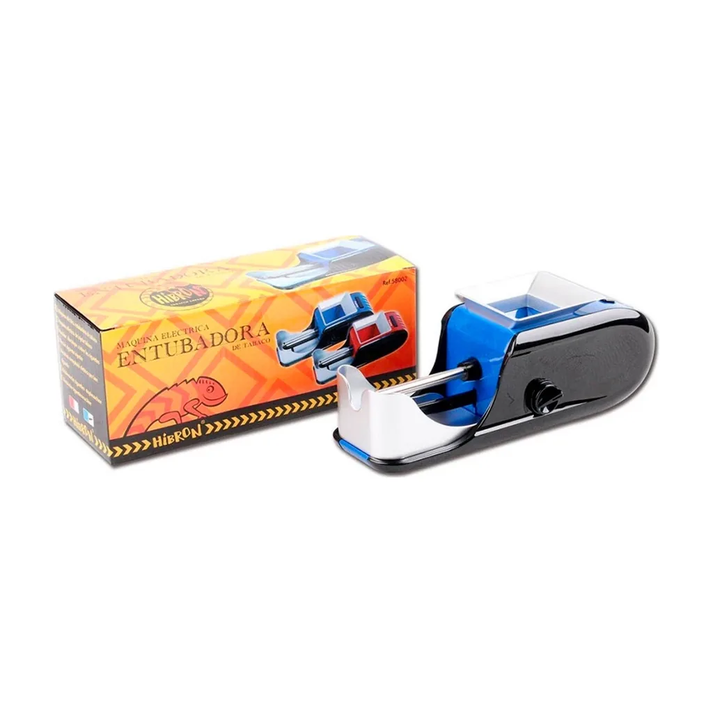 Máquina entubadora eléctrica azul, negra y plateada, con tolva superior y mando lateral, junto a su caja naranja. Máquina entubadora eléctrica azul, negra y plateada, con tolva superior y mando lateral, junto a su caja naranja.