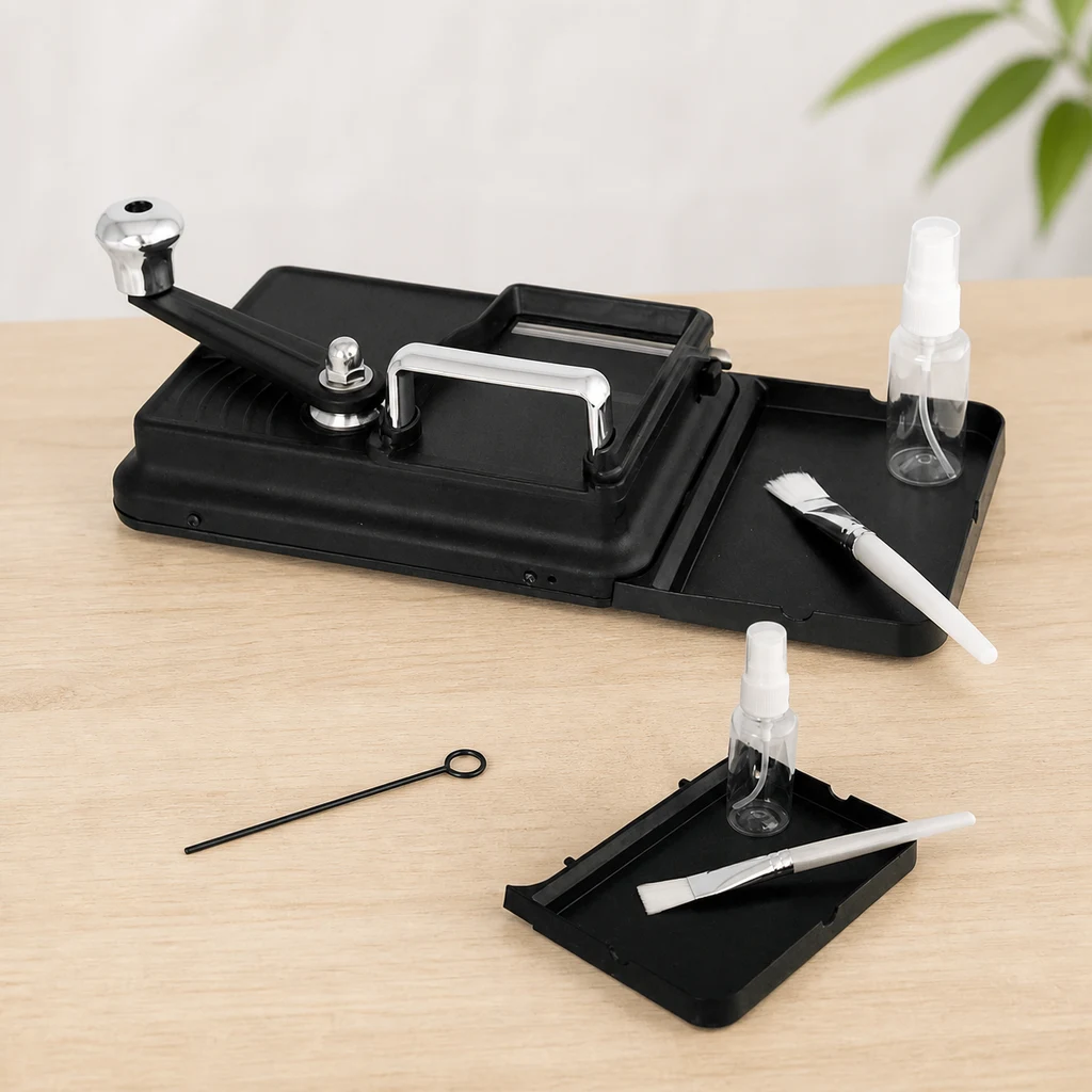 Máquina manual de entubado negra con manivela y asa plateada sobre una mesa, acompañada de bandejas, cepillos y pequeños pulverizadores.
