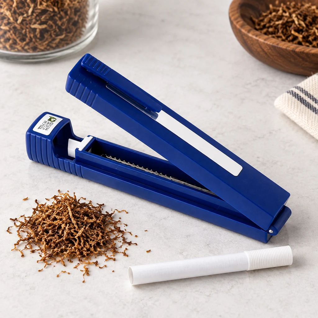 Máquina Mini TG Tar Gard azul con la palanca levantada, junto a tabaco suelto y un tubo blanco sobre una mesa clara.