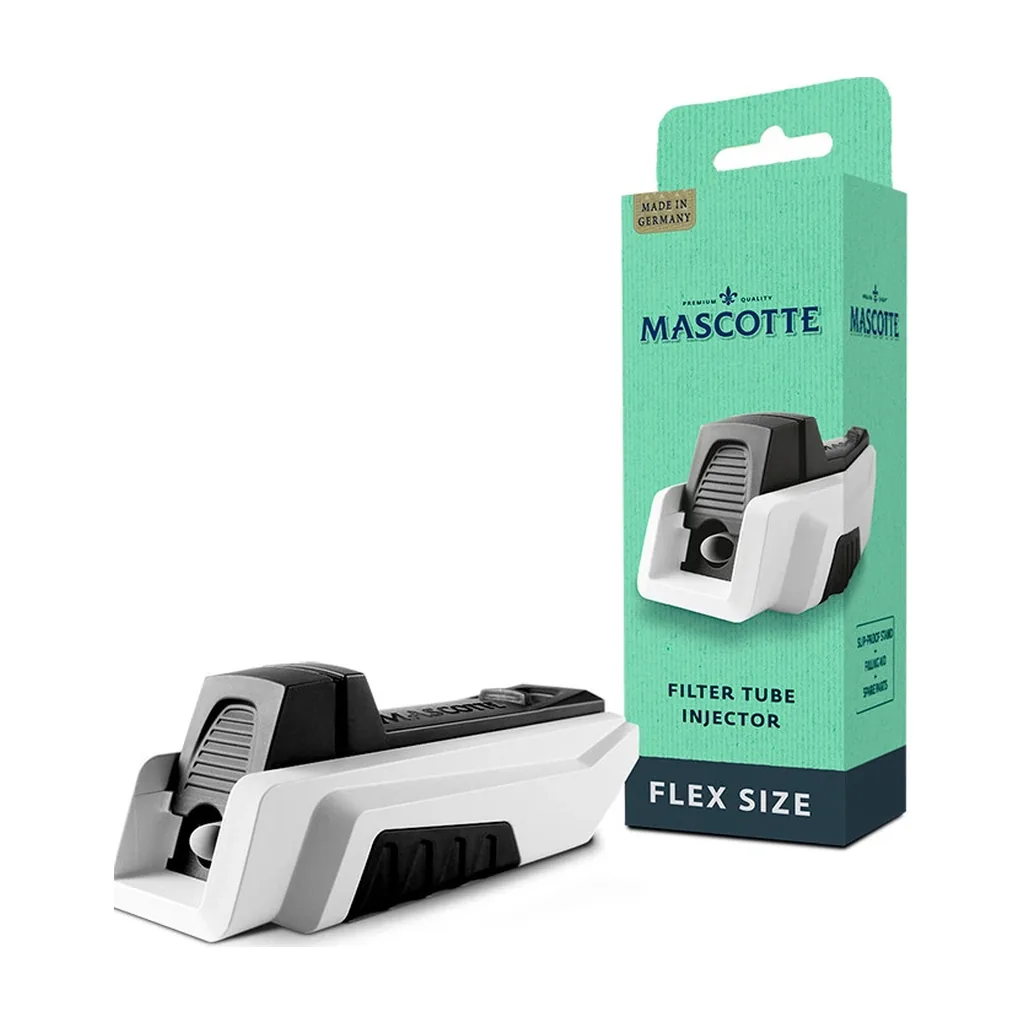 Máquina inyectora Mascotte Flex blanca y negra junto a su caja verde, con los textos «Filter Tube Injector» y «Flex Size».
