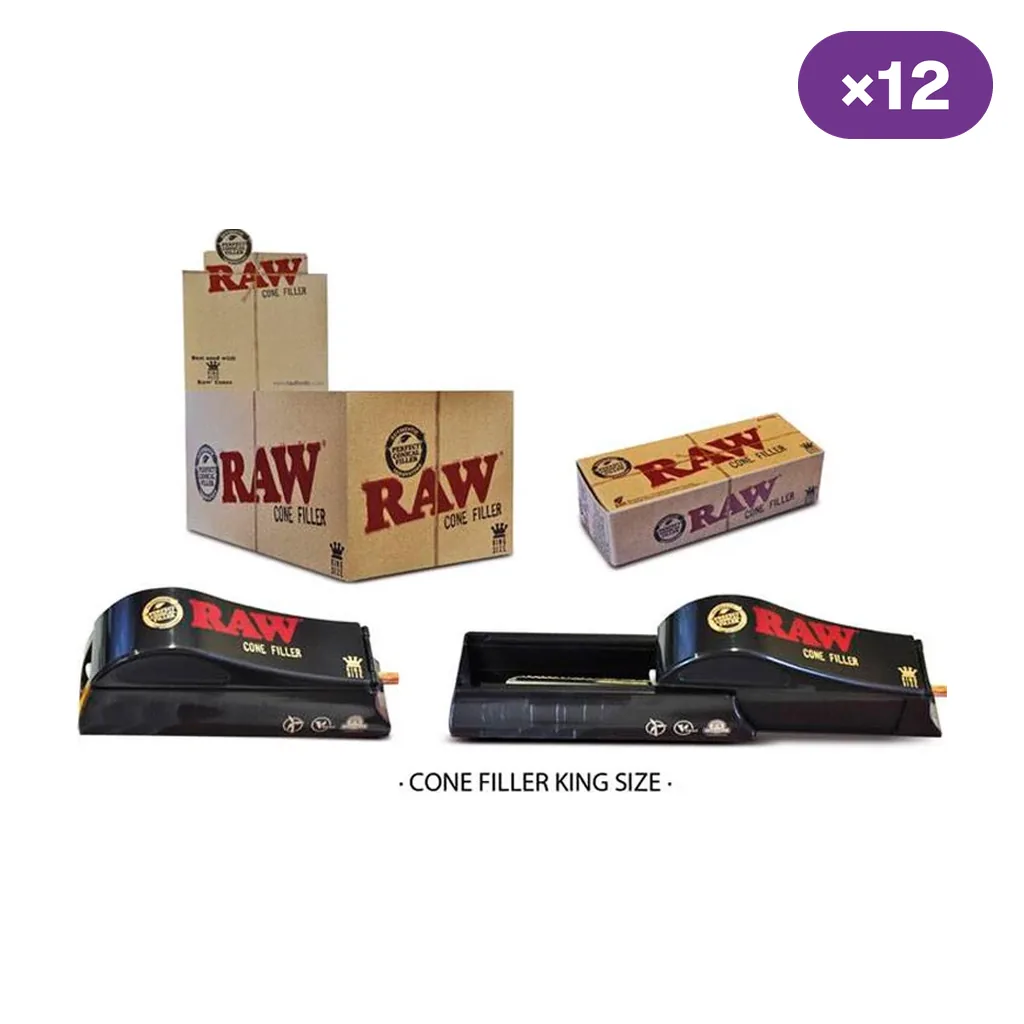 Máquina RAW para conos King Size mostrada cerrada y abierta, junto a cajas de cartón y un indicador de 12 unidades.