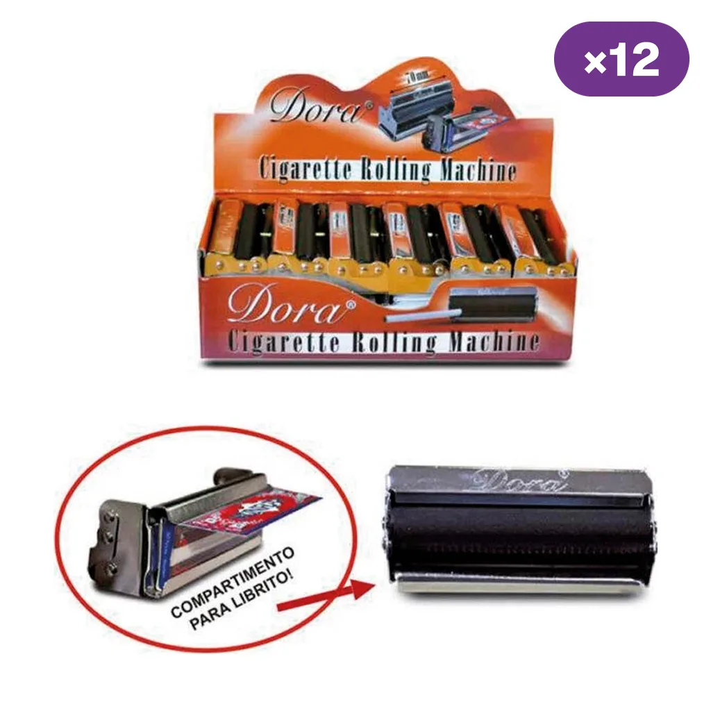 Expositor de 12 liadoras Dora y detalles de una liadora cerrada y otra abierta con compartimento para un librito de papel. Expositor de 12 liadoras Dora y detalles de una liadora cerrada y otra abierta con compartimento para un librito de papel.