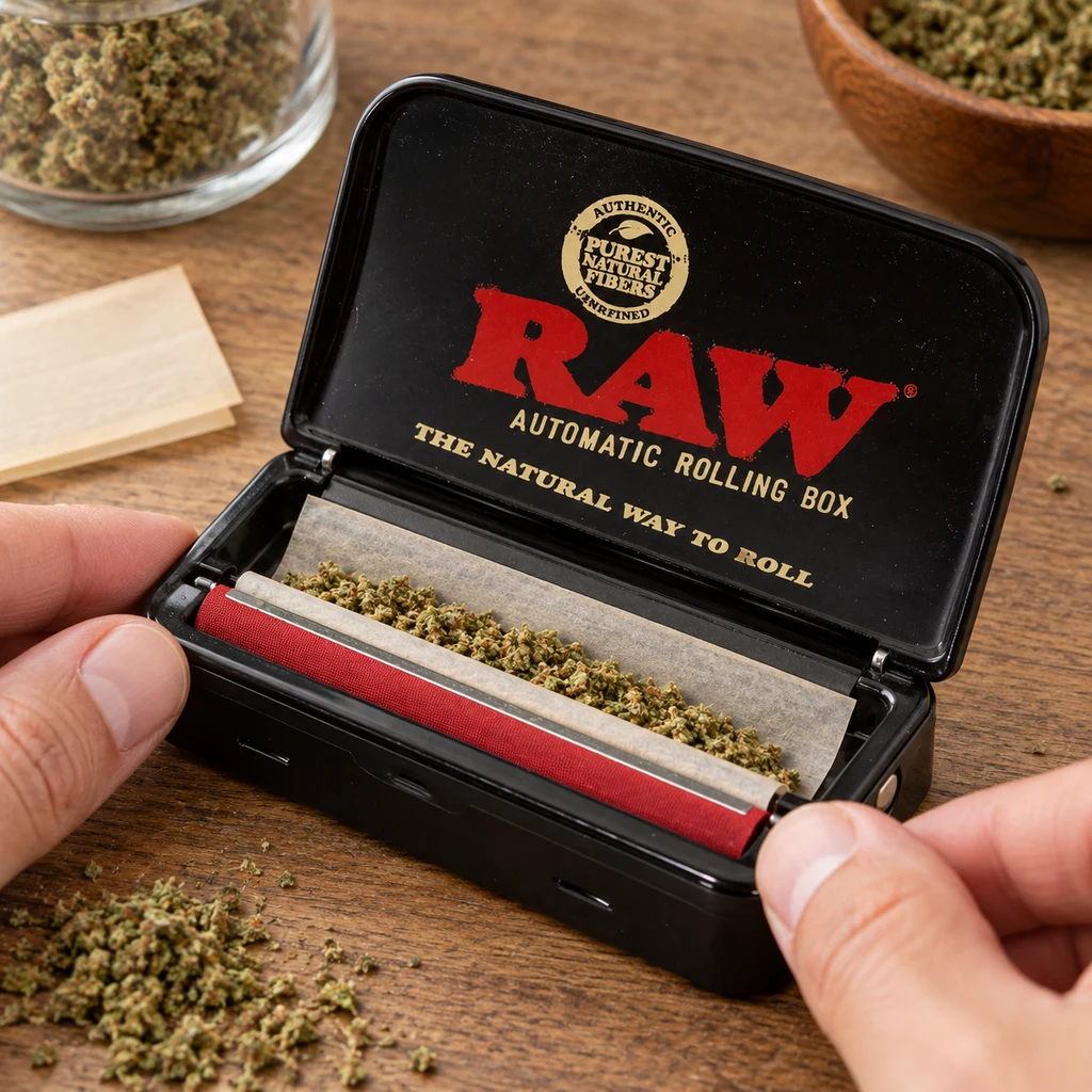 Escena generada de unas manos sujetando una máquina de liar RAW abierta, con papel y hierba desmenuzada sobre una mesa de madera.