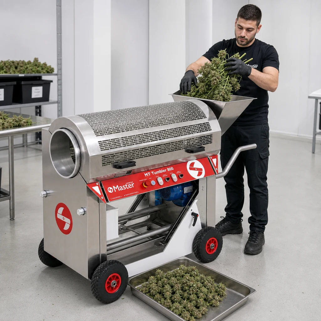 Escena generada de una persona con guantes introduciendo ramas en la tolva de la Master Trimmer MT Tumbler 800, con una bandeja de cogollos delante.