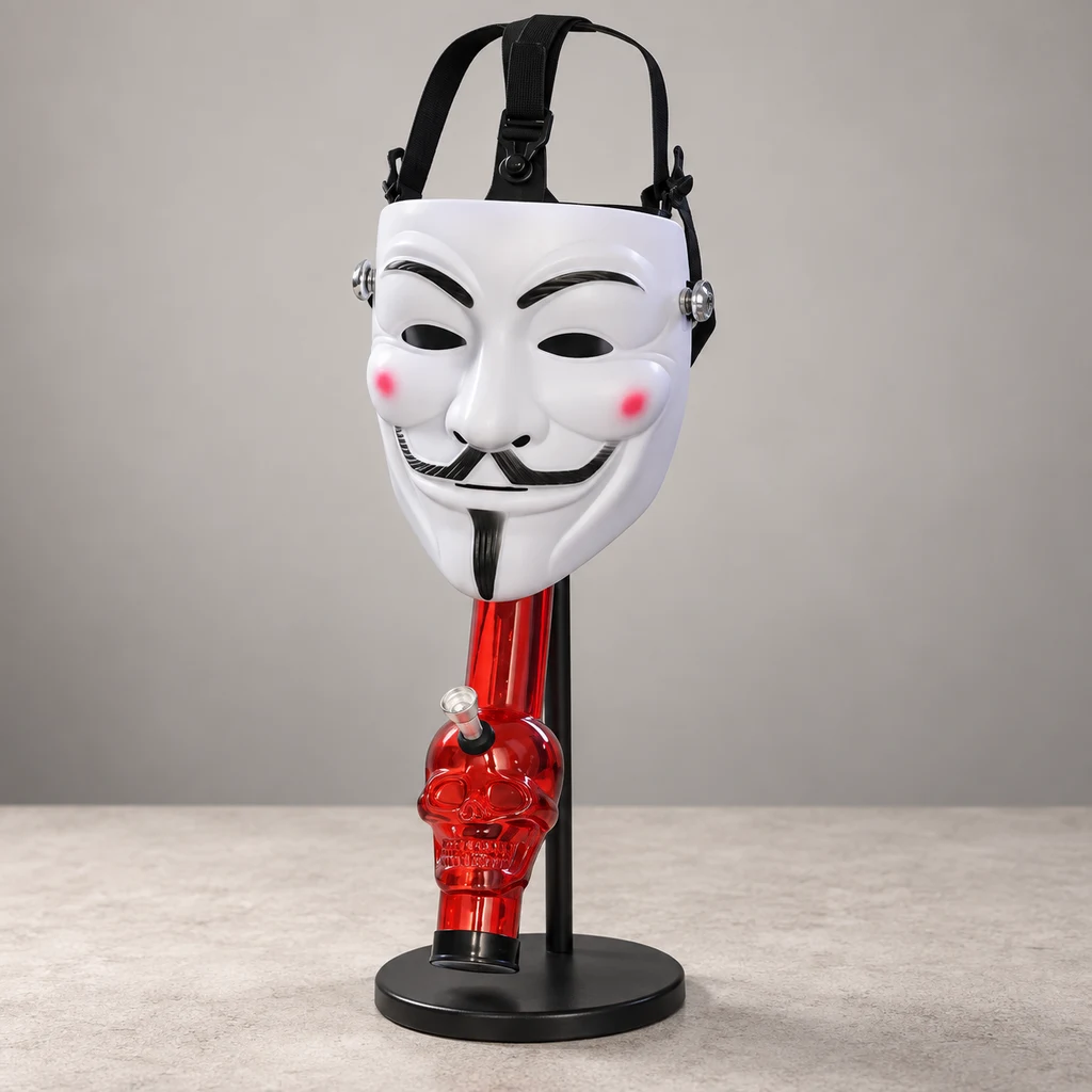 Máscara Bong Hacker blanca con bigote negro y mejillas rosas, correas negras y bong rojo con forma de calavera sobre un soporte. Máscara Bong Hacker blanca con bigote negro y mejillas rosas, correas negras y bong rojo con forma de calavera sobre un soporte.