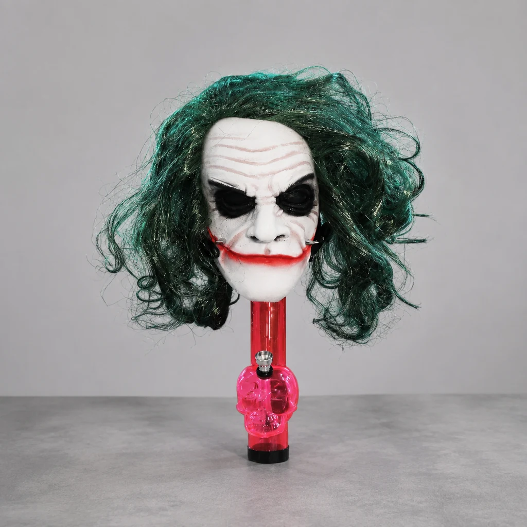 Bong Máscara Joker con rostro blanco, ojos negros, sonrisa roja y pelo verde, sobre un tubo rojo con cazoleta y calavera rosa. Bong Máscara Joker con rostro blanco, ojos negros, sonrisa roja y pelo verde, sobre un tubo rojo con cazoleta y calavera rosa.