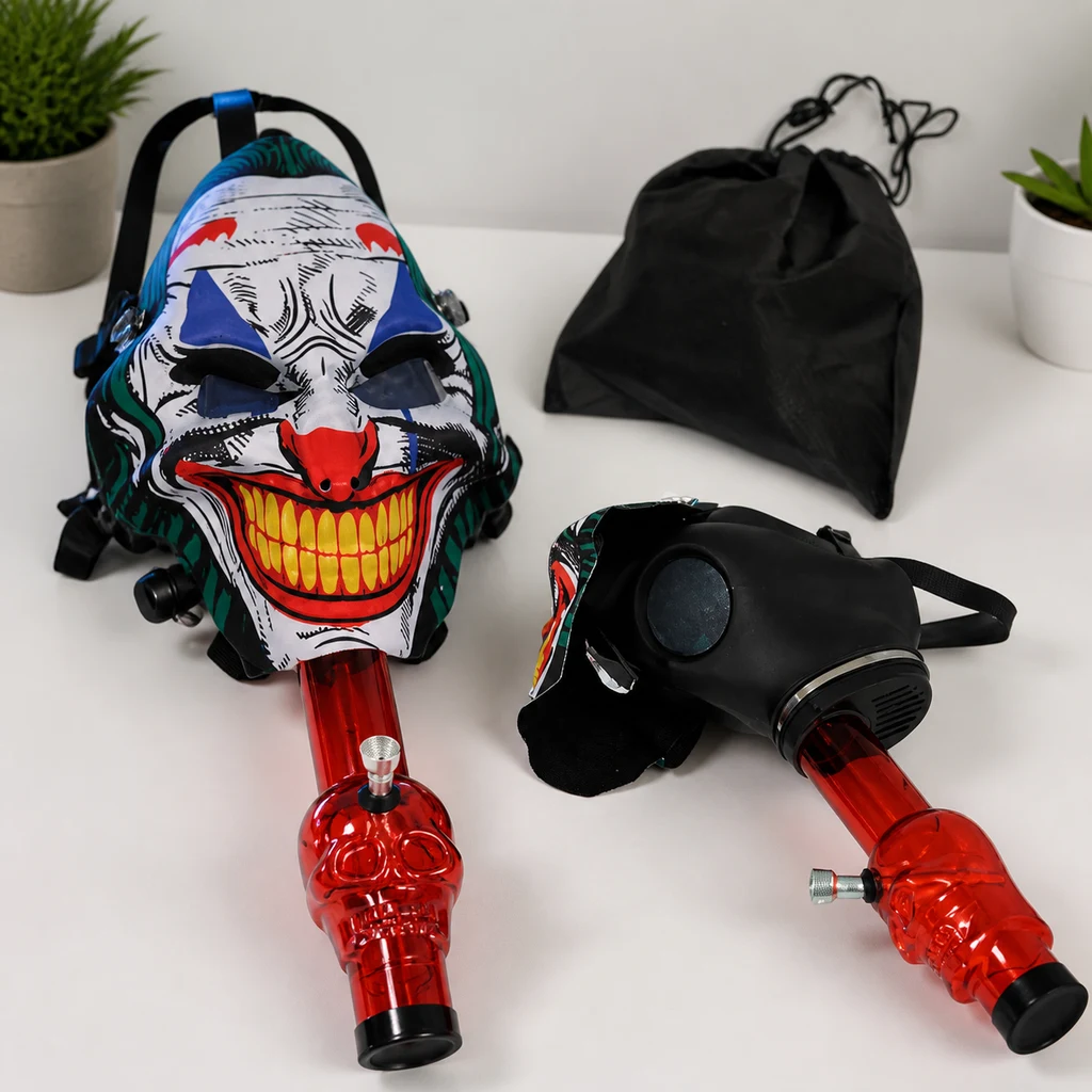 Máscaras bong vistas de frente y de lado, una con rostro de payaso, acopladas a tubos rojos con calaveras; bolsa negra al fondo. Máscaras bong vistas de frente y de lado, una con rostro de payaso, acopladas a tubos rojos con calaveras; bolsa negra al fondo.