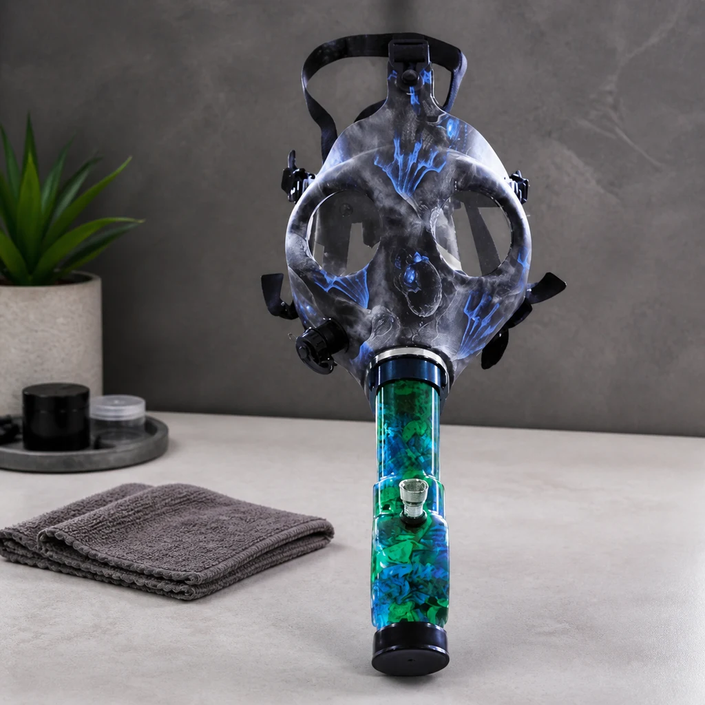 Máscara de calavera gris con detalles azules, correas negras y bong verde y azul acoplado, sobre una encimera.
