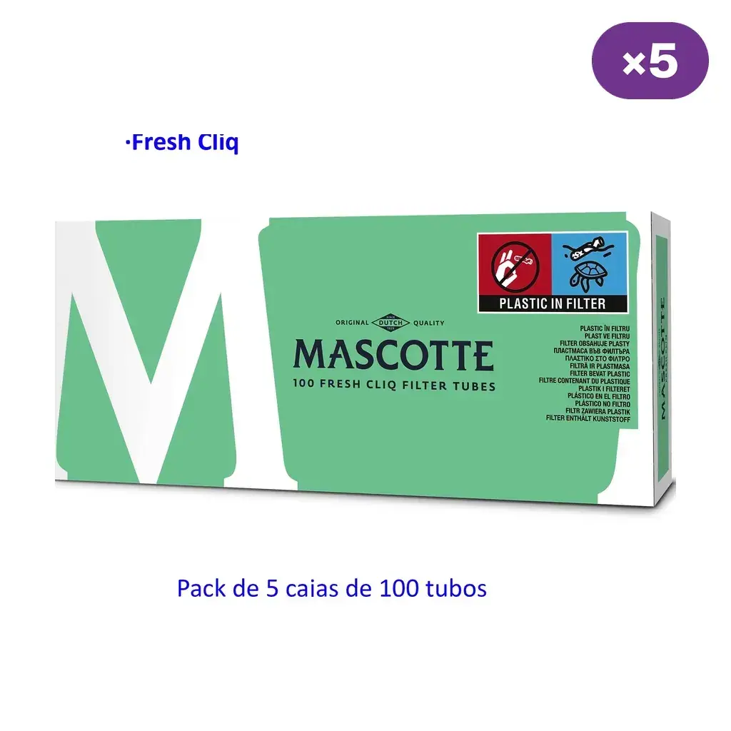 Caja verde y blanca de tubos Mascotte Fresh Cliq, con indicación de 100 tubos por caja y presentación de cinco cajas.