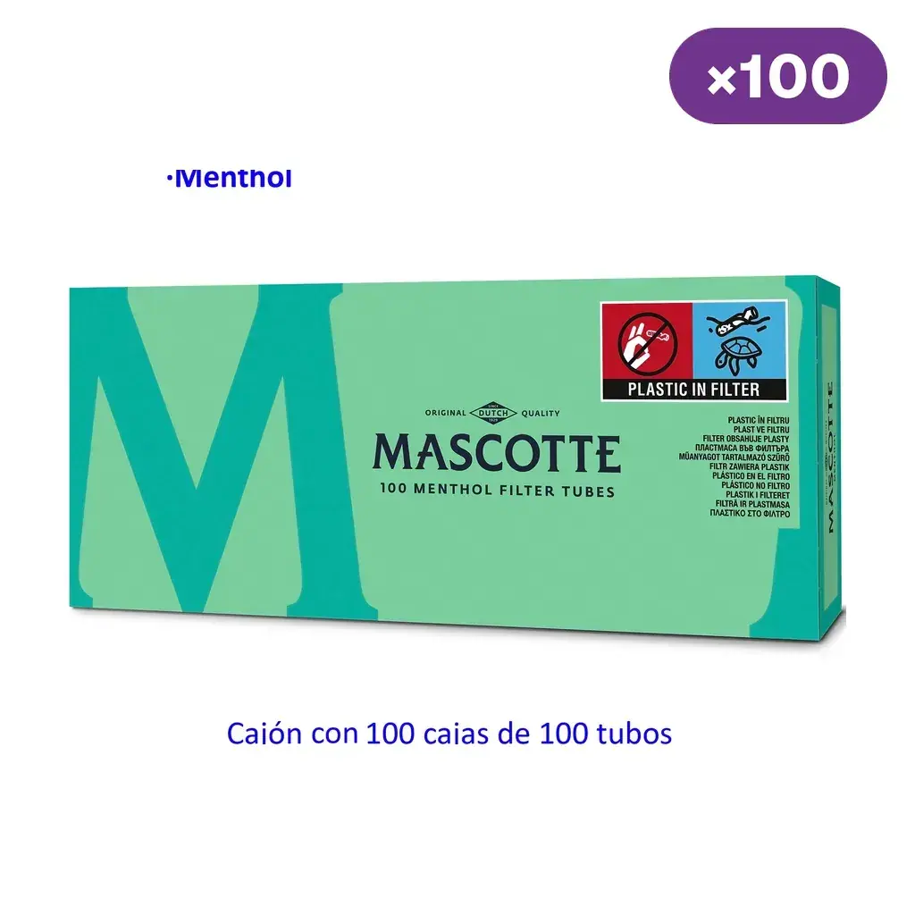 Estuche verde Mascotte de 100 tubos Menthol, con aviso de plástico en el filtro y texto que indica una caja de 100 estuches.