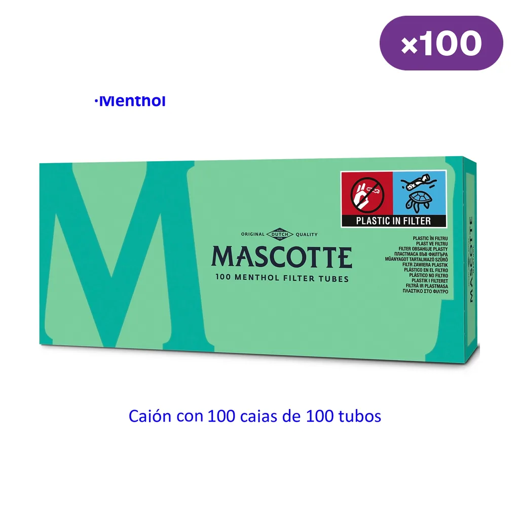 Estuche verde Mascotte de 100 tubos Menthol, con aviso de plástico en el filtro y texto que indica una caja de 100 estuches.
