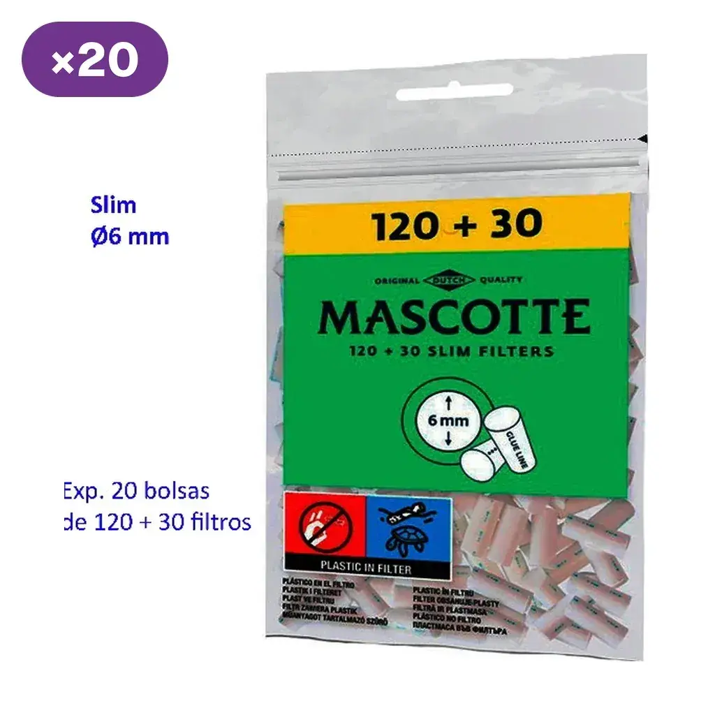 Bolsa de filtros Mascotte Slim con etiqueta verde y amarilla; indica 6 mm, 120 + 30 filtros por bolsa y presentación de 20 bolsas.