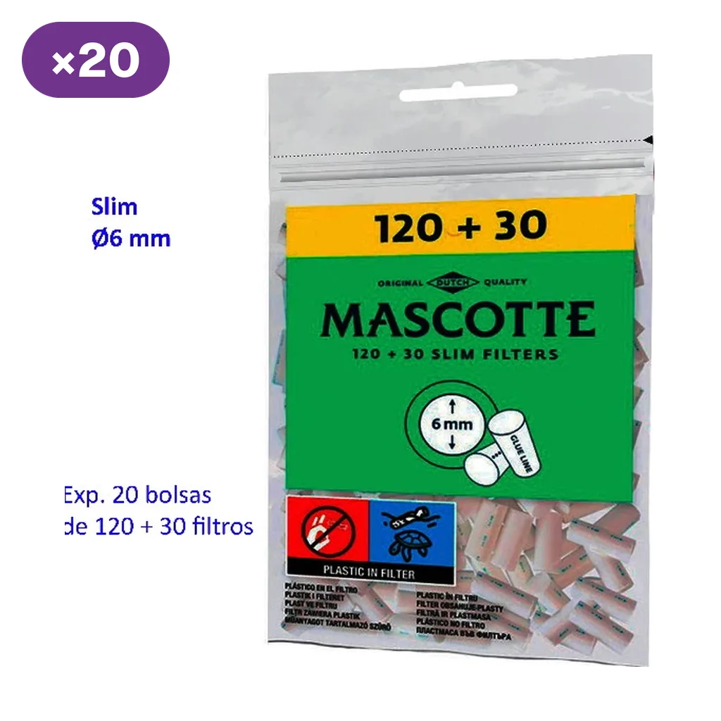 Bolsa de filtros Mascotte Slim con etiqueta verde y amarilla; indica 6 mm, 120 + 30 filtros por bolsa y presentación de 20 bolsas. Bolsa de filtros Mascotte Slim con etiqueta verde y amarilla; indica 6 mm, 120 + 30 filtros por bolsa y presentación de 20 bolsas.