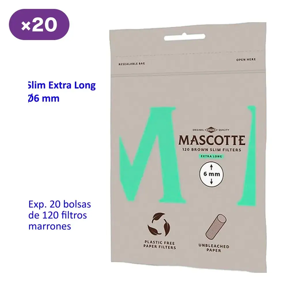 Bolsa Mascotte Brown Slim Extra Long de 120 filtros de 6 mm, con indicación de papel sin blanquear y presentación de 20 bolsas.