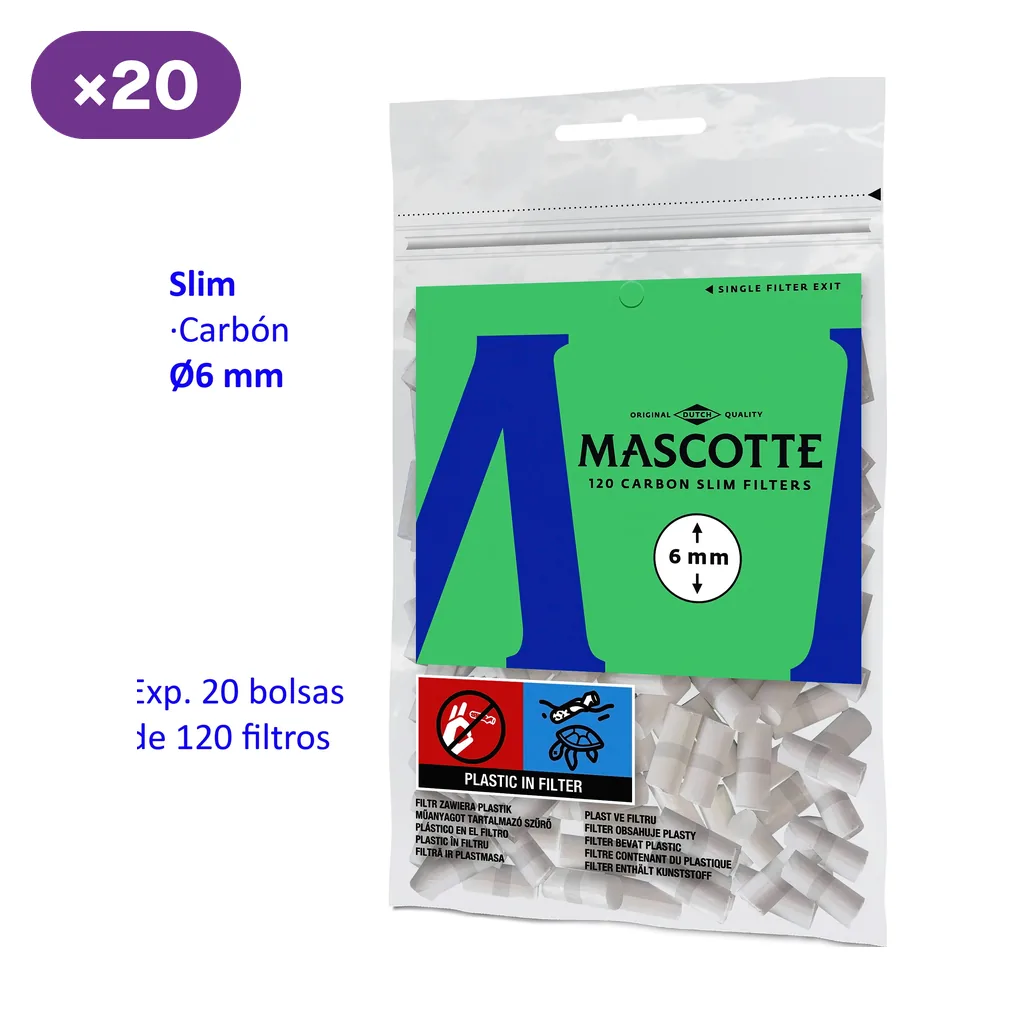 Bolsa transparente de filtros Mascotte Carbon Slim de 6 mm, con etiqueta verde y azul e indicaciones de 120 filtros por bolsa y 20 bolsas.