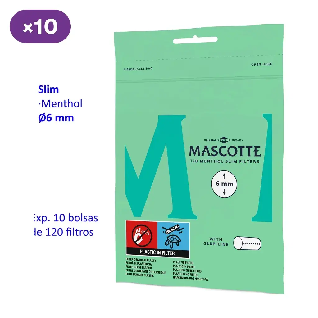 Bolsa verde de filtros Mascotte Menthol Slim, con indicaciones de 6 mm y 120 filtros, junto al rótulo de caja de 10 bolsas.