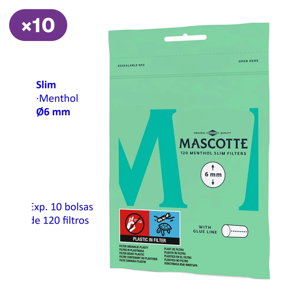 Bolsa verde de filtros Mascotte Menthol Slim, con indicaciones de 6 mm y 120 filtros, junto al rótulo de caja de 10 bolsas. Bolsa verde de filtros Mascotte Menthol Slim, con indicaciones de 6 mm y 120 filtros, junto al rótulo de caja de 10 bolsas.