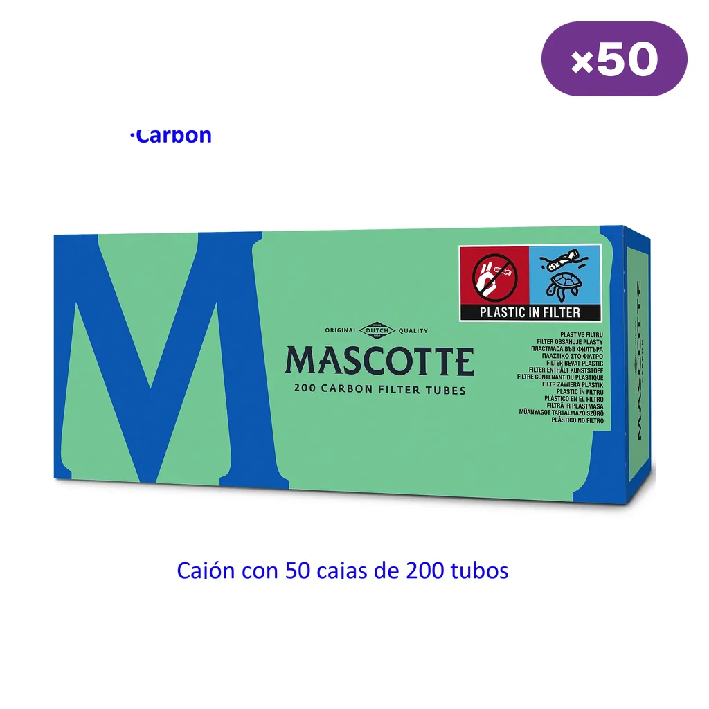 Estuche verde y azul Mascotte de 200 tubos con filtro de carbón, con distintivo por 50 y texto de caja con 50 estuches.