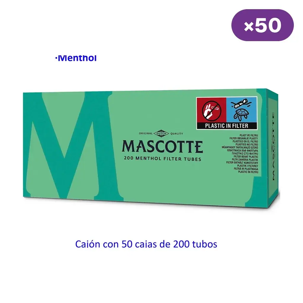 Caja verde de tubos Mascotte Menthol con la inscripción «200 menthol filter tubes», aviso de plástico en el filtro e indicación de 50 cajas.