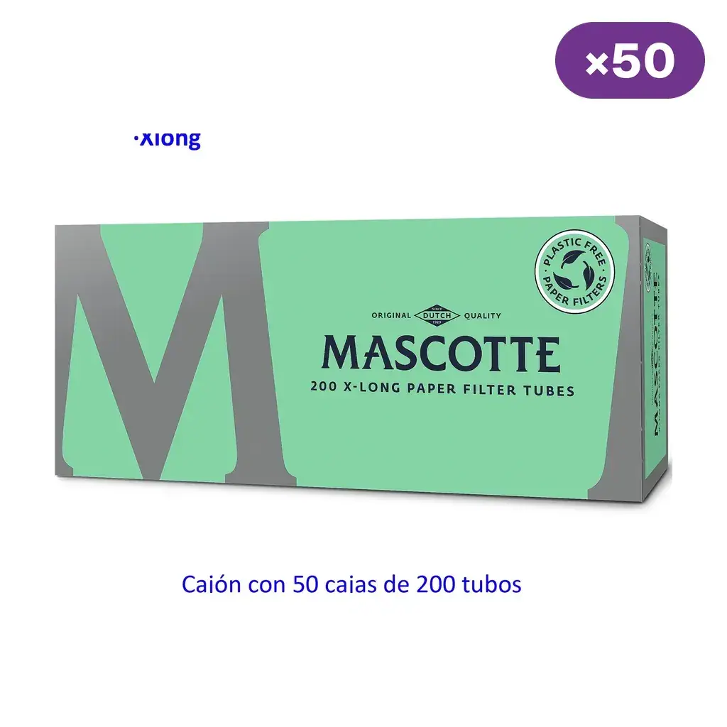 Caja verde y gris Mascotte XLong con la inscripción de 200 tubos con filtro de papel y un indicador de 50 cajas.