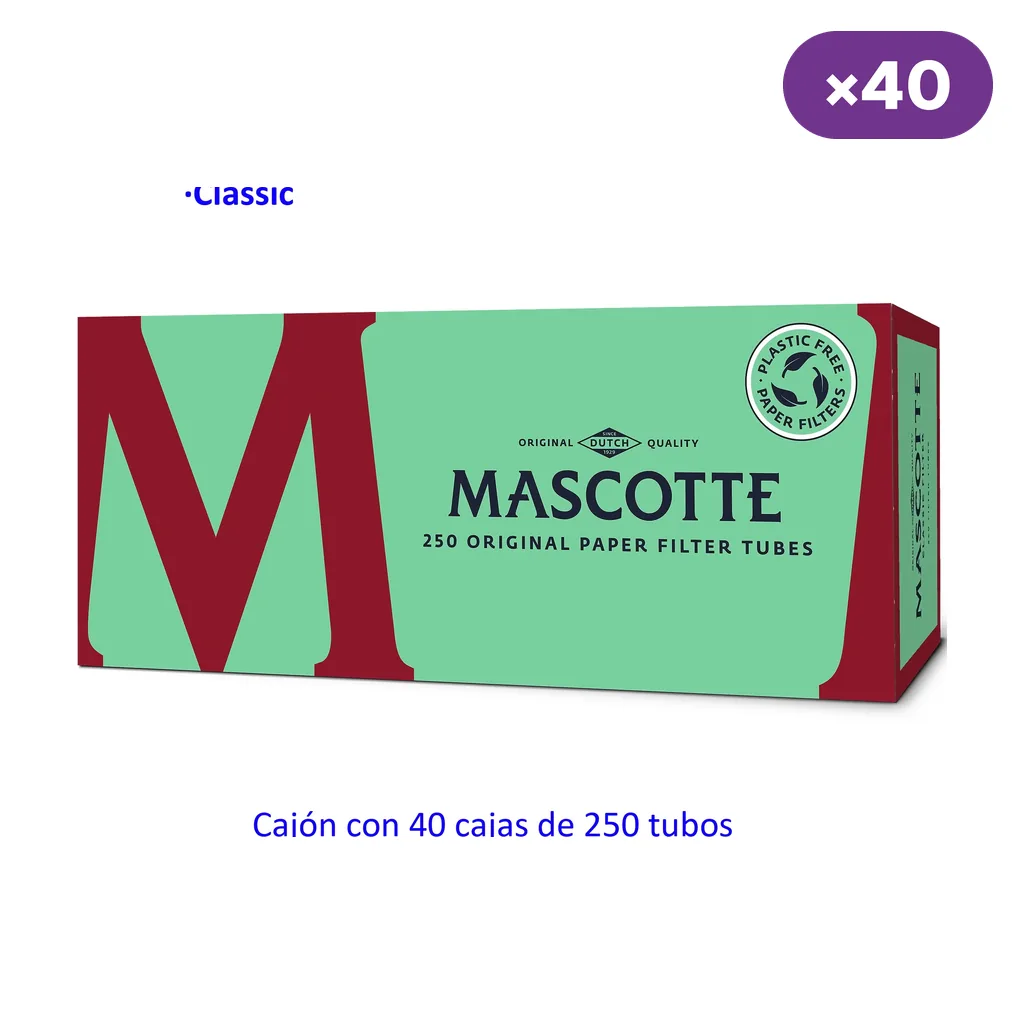 Estuche verde y granate de tubos Mascotte Classic, con etiqueta de 250 tubos y distintivo de filtros de papel sin plástico.