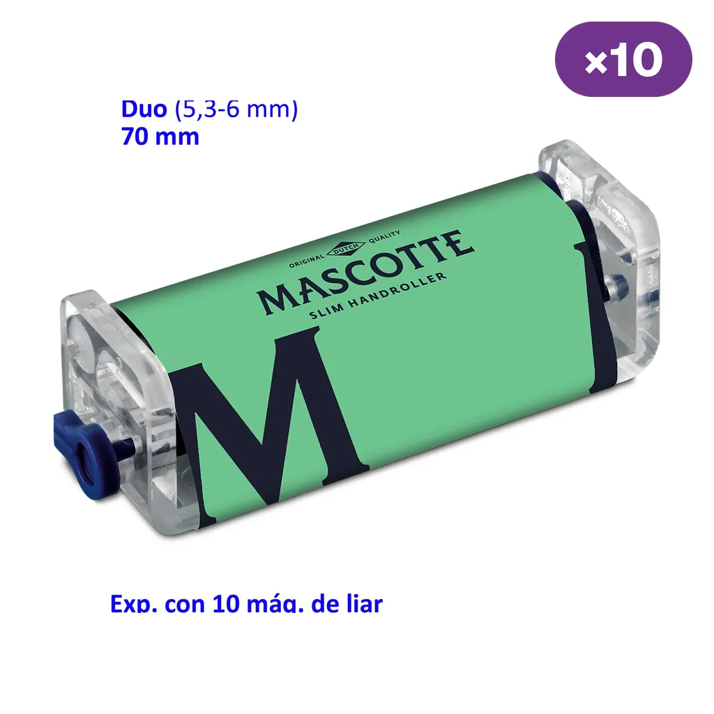 Máquina de liar Duo Mascotte con banda verde, extremos transparentes y piezas azules, acompañada de un distintivo de diez unidades.