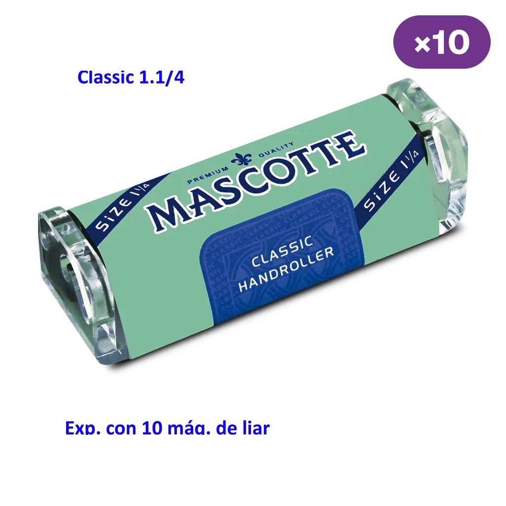 Máquina de liar Mascotte Classic 1 1/4 verde, con extremos transparentes, presentada en diagonal y con rótulo de 10 unidades.