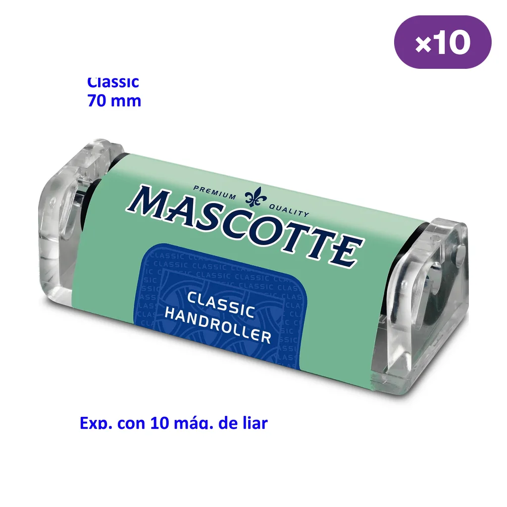 Máquina de liar Mascotte Classic verde, con extremos transparentes, mostrada en diagonal y acompañada de un distintivo ×10.