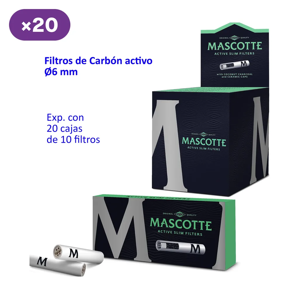 Filtros Mascotte de carbón activo de 6 mm, con expositor, estuche y filtros blancos; el texto indica 20 cajas de 10 filtros.
