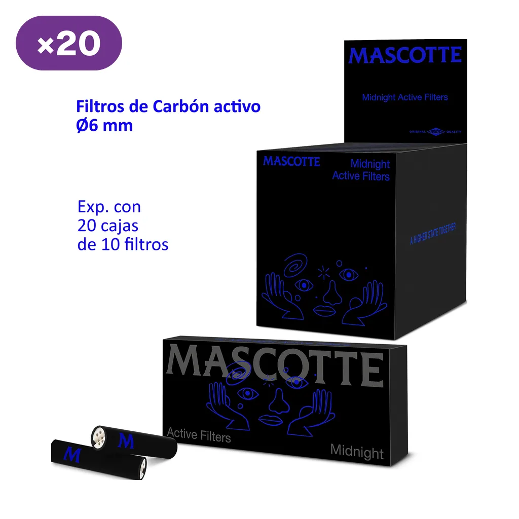 Expositor y cajita negros Mascotte Midnight con filtros de carbón activo; el texto indica 6 mm y 20 cajas de 10 filtros.