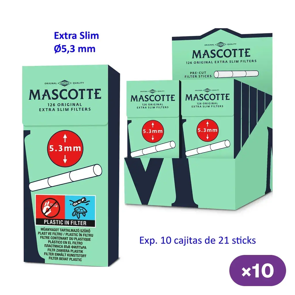 Cajita verde de filtros Mascotte Extra Slim de 5,3 mm junto a un expositor, con indicación de 10 cajas de 21 sticks.