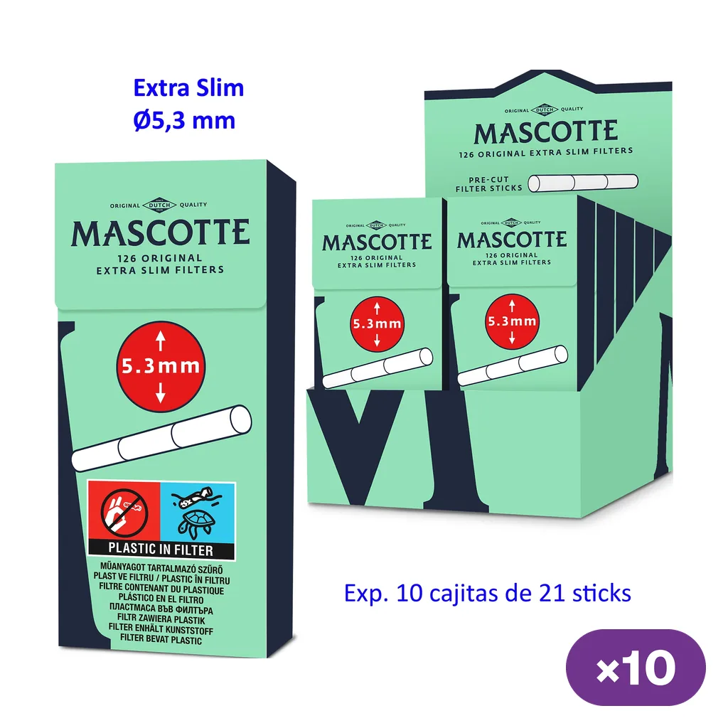 Cajita verde de filtros Mascotte Extra Slim de 5,3 mm junto a un expositor, con indicación de 10 cajas de 21 sticks. Cajita verde de filtros Mascotte Extra Slim de 5,3 mm junto a un expositor, con indicación de 10 cajas de 21 sticks.