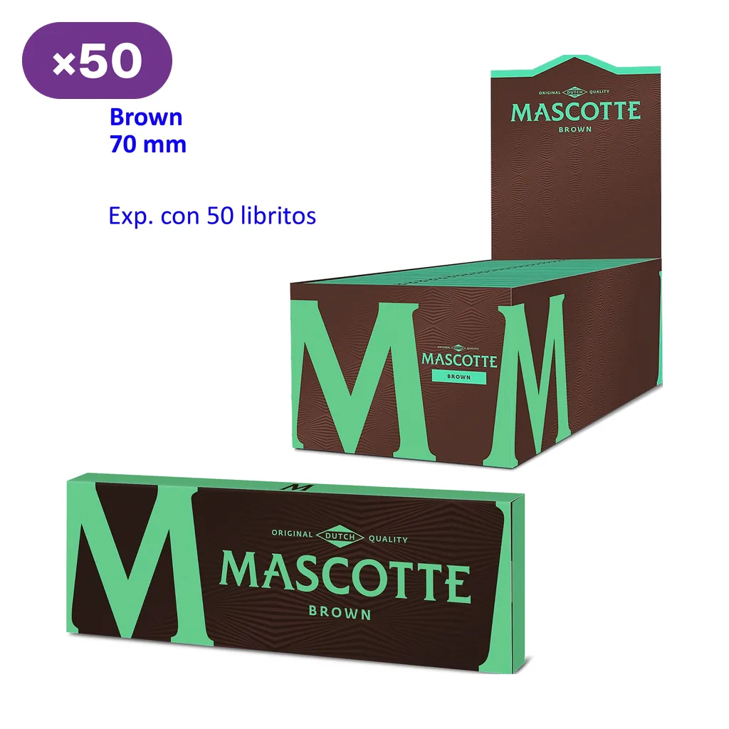 Expositor y librillo de papel Mascotte Brown, en marrón y verde, con los textos «70 mm», «×50» y «Exp. con 50 libritos».