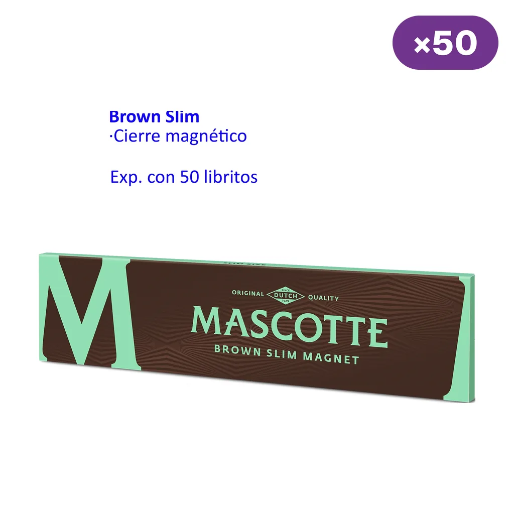 Librito Mascotte Brown Slim Magnet marrón y verde menta, con texto que indica cierre magnético y expositor de 50 libritos.