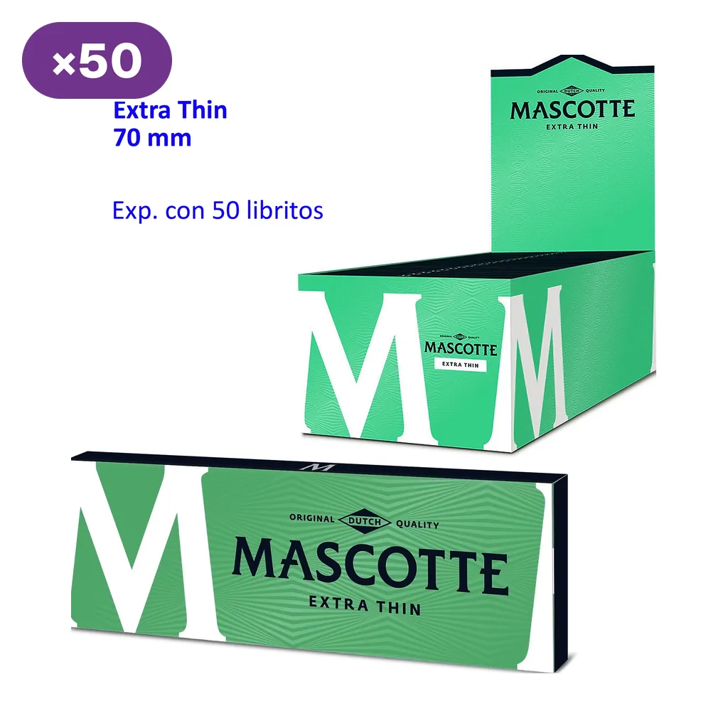 Papel de liar Mascotte Extra Thin de 70 mm, con un librito verde en primer plano y una caja expositora abierta marcada con 50 libritos.