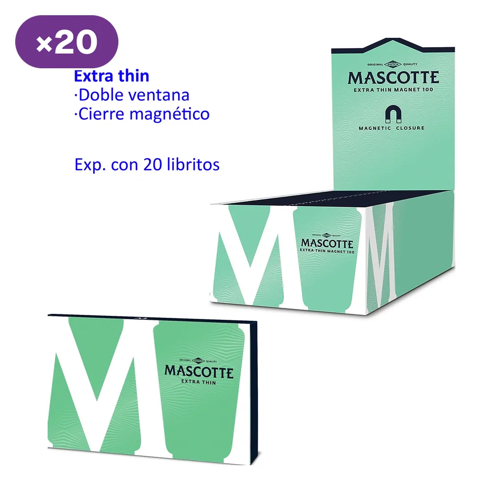 Expositor verde abierto y librillo Mascotte Extra Thin, con una gran M blanca y texto que indica doble ventana y cierre magnético.