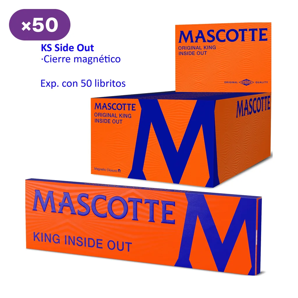 Expositor naranja y azul de papel Mascotte King Inside Out junto a un librito; el texto indica cierre magnético y 50 libritos.