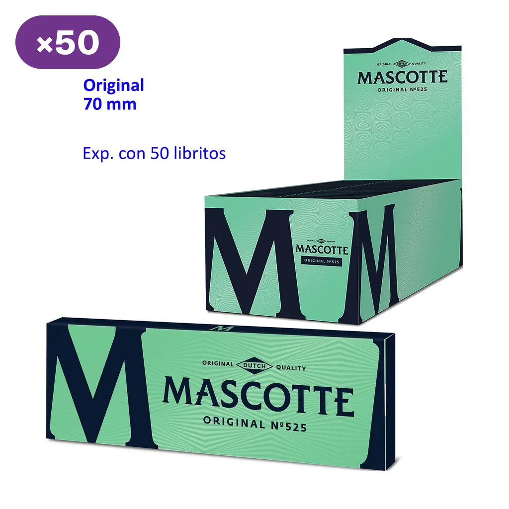Librito verde Mascotte Original y caja expositora abierta; el texto indica formato de 70 mm y un expositor de 50 libritos.
