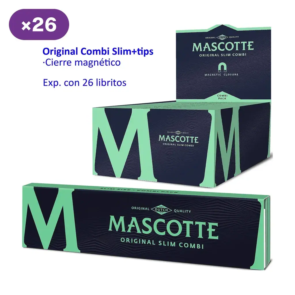 Expositor y librito Mascotte Original Combi Slim + tips en verde y negro, con textos de cierre magnético y caja de 26 libritos.