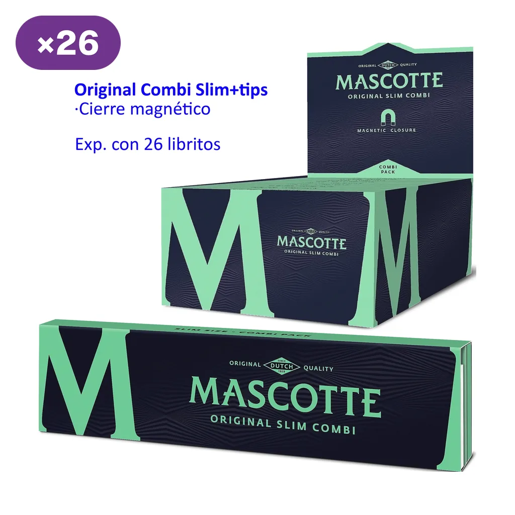 Expositor y librito Mascotte Original Combi Slim + tips en verde y negro, con textos de cierre magnético y caja de 26 libritos.