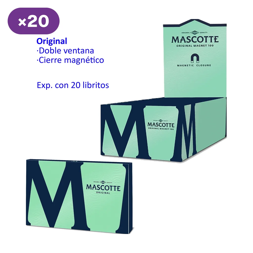 Expositor Mascotte Original 100 verde y azul oscuro junto a un librito; el texto indica 20 libritos, doble ventana y cierre magnético.